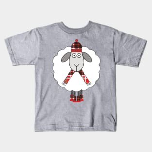 Cosy Winter Sheep With Red, Black and White Tartan Hat, Scarf and Boots Kids T-Shirt